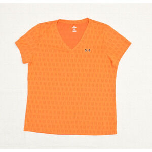 Under Armour Women T Shirt Top Logo V Neck Polyester Orange Size XL Loose